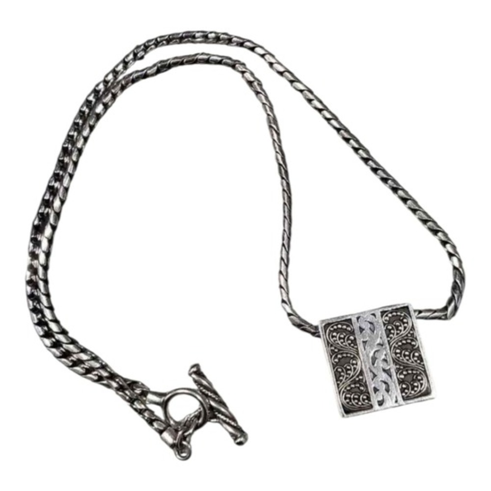 Lois Hill Sterling Silver 925 Square Scrollwork Pendant Woven Chain Necklace